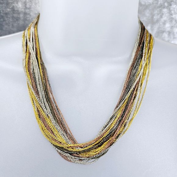 Statement Necklace Draping Multi Chain Chic Gold Silver Olive Copper Mixed Metal - Picture 4 of 8